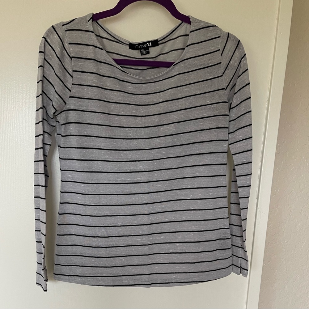 Forever 21 Heather Gray and Black Striped Long Sleeve Top